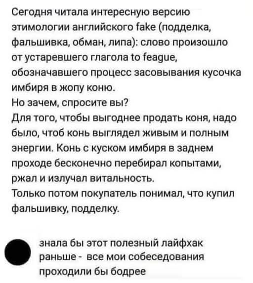 Сегодня читала интересную версию этимологии английского fake (подделка, фальшивка, обман, лажа): слово произошло от устаревшего глагола to feague, обозначавшего процесс засовывания кусочка имбиря в жопу коню.
Но зачем, спросите вы?
Для того, чтобы выгоднее продать коня, надо было, чтобы конь выглядел живым и полным энергии. Конь с кусочком имбиря в жопе бесконечно перебирал копытами, ржал и излучал жизненность.
Только потом покупатель понимал, что купил фальшивку, подделку.

знала бы этот полезный лайфхак раньше - все мои собеседования проходили бы бодрее