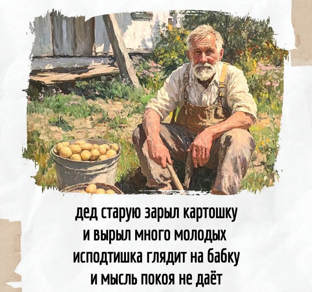 дед старую зарыл картошку и вырыл много молодых исподтишка глядит на бабку и мысль покоя не даёт
