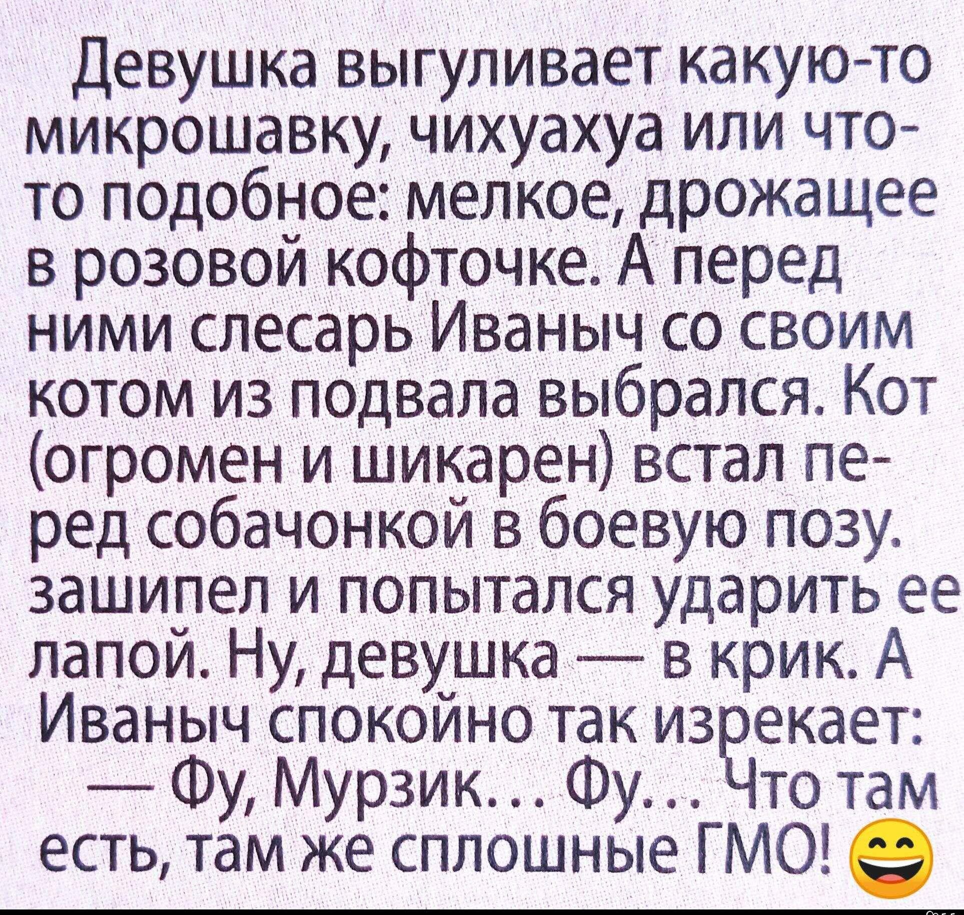 Девушка выгуливает какую-то микрошаку, чихуахуа или что-то подобное: мелкое, дрожащее в розовой кофточке. А перед ними слесарь Иваныч со своим котом из подвала выбрался. Кот (огромен и шикарен) встал перед собачонкой в боевую позу, зашипел и попытался ударить её лапой. Ну, девушка — в крик. А Иваныч спокойно так изрекает: — Фу, Мурзик... Фу... Что там есть, там же сплошные ГМО! 😀