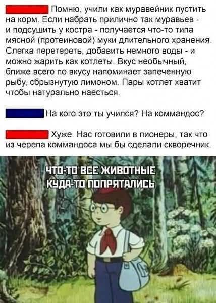 Помню, учили как муравейников пускить на корм. Если набрать прилично так муравьёв - и подсушить у костра - получается что-то типа мясной (протеиновой) муки длительного хранения. Слегка перетереть, добавить немного воды - и можно жарить как котлеты. Вкус необычный, ближе всего по вкусу напоминает запечённую рыбу, сбрызнутую лимоном. Пары котлет хватит чтобы натурально наесться.

На кого это ты учился? На командос?

Хуже. Нас готовили в пионеры, так что из черепа командоса мы бы сделали скворечник.

Что-то все животные куда-то попрятались.