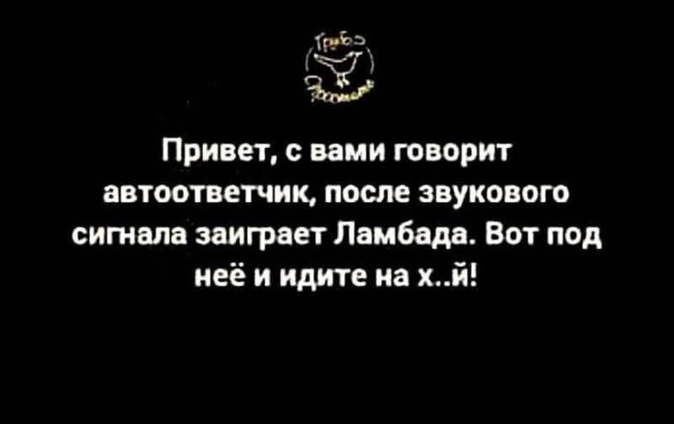 Привет, с вами говорит автоответчик, после звукового сигнала заиграет Ламбада. Вот под неё и идите на х..й!