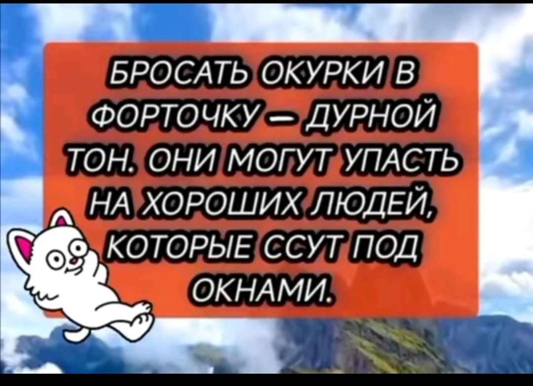 БРОСАТЬ ОКУРКИ В ФОРТОЧКУ — ДУРНОЙ ТОН. ОНИ МОГУТ УПАСТЬ НА ХОРОШИХ ЛЮДЕЙ, КОТОРЫЕ ССУТ ПОД ОКНАМИ.