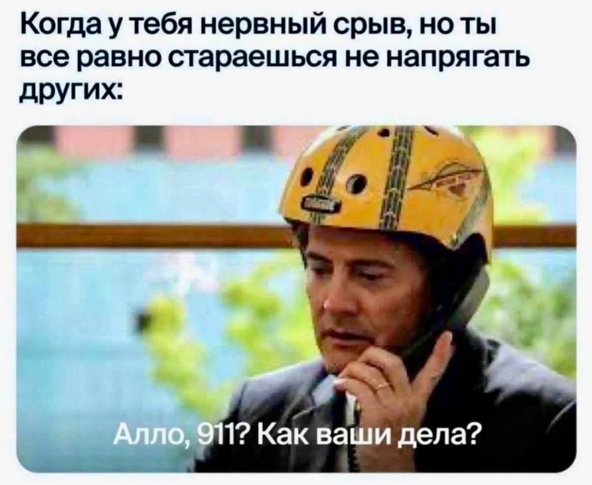 Когда у тебя нервный срыв, но ты все равно стараешься не напрягать других:
Алло, 911? Как ваши дела?
