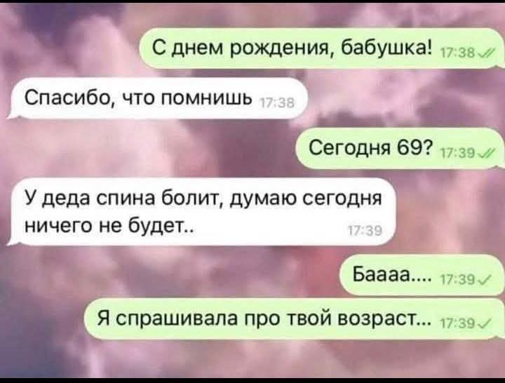 С днём рождения, бабушка! Спасибо, что помнишь У деда спина болит, думаю сегодня ничего не будет.. Бааар.... Я спрашивала про твой возраст...