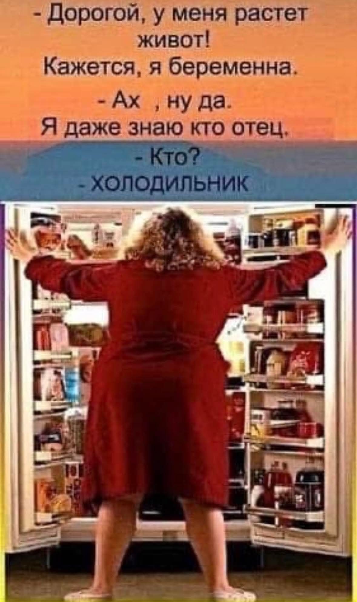 Дорогой, у меня растет живот! Кажется, я беременна.
- Ах, ну да. Я даже знаю кто отец.
- Кто?
- ХОЛОДИЛЬНИК