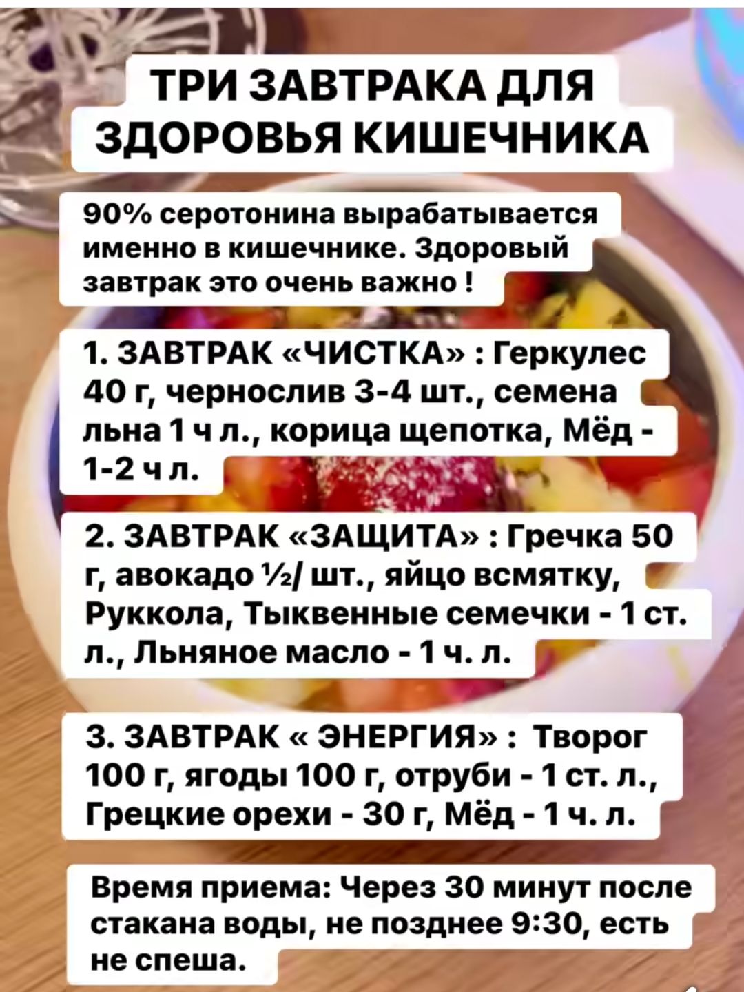 ТРЕ ЗАВТРАКА ДЛЯ ЗДОРОВЬЯ КИШЕЧНИКА
90% серотонина вырабатывается именно в кишечнике. Здоровый завтрак это очень важно !
1. ЗАВТРАК «ЧИСТКА» : Геркулес 40 г, чернослив 3-4 шт., семена льна 1 ч. л., корица щепотка, Мед - 1-2 ч. л.
2. ЗАВТРАК «ЗАЩИТА» : Гречка 50 г, авокадо ½, яйцо всмятку, Руккола, Тыквенные семечки - 1 ст. л., Льняное масло - 1 ч. л.
3. ЗАВТРАК «ЭНЕРГИЯ» : Творог 100 г, груши - 1 ст. л., орехи - 30 г, Мед - 1 ч. л.
Время приема: Через 30 минут после стакана воды, не спеша.