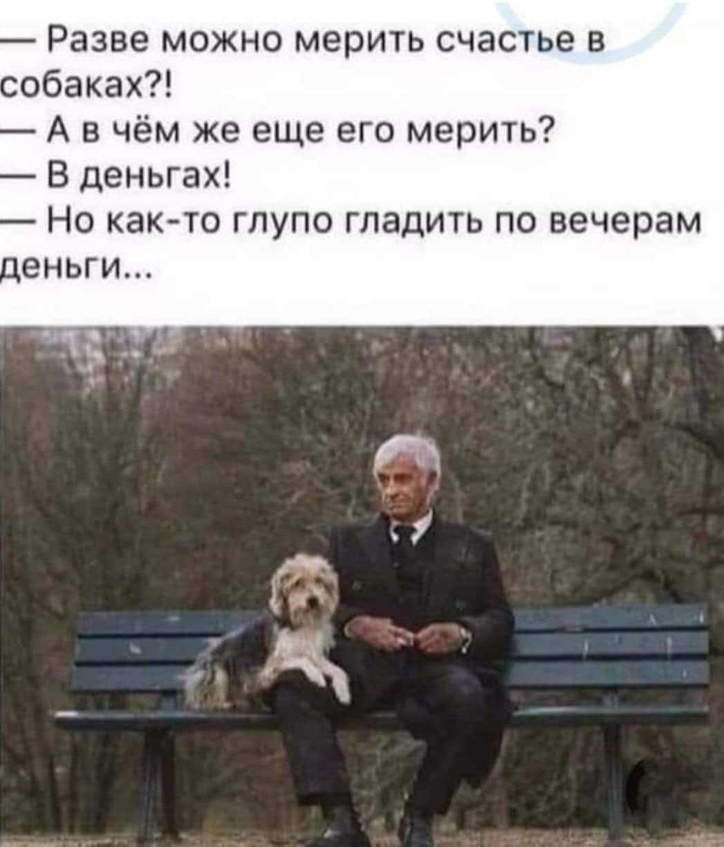 — Разве можно мерить счастье в собаках?!
— А в чем же еще его мерить?
— В деньгах!
— Но как-то глупо гладить по вечерам деньги...