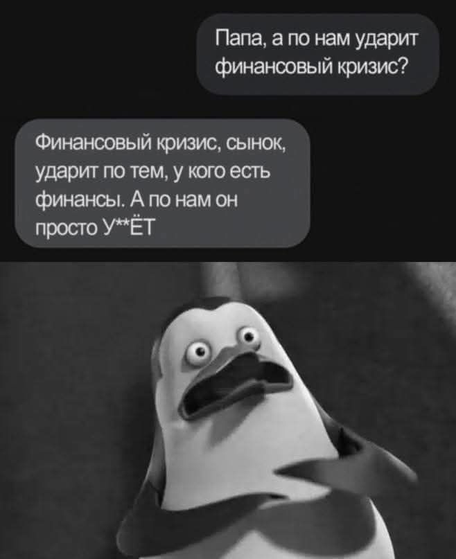 Папа, а по нам ударит финансовый кризис? Финансовый кризис, сынок, ударит по тем, у кого есть финансы. А по нам он просто У**ET