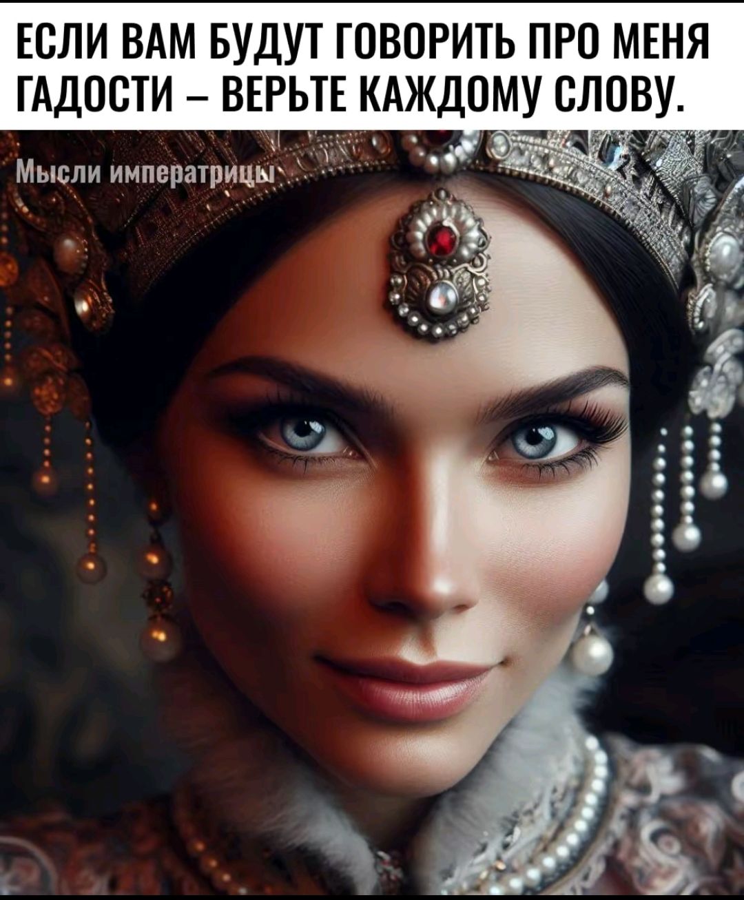 ЕСЛИ ВАМ БУДУТ ГОВОРИТЬ ПРО МЕНЯ ГАДОСТИ – ВЕРЬТЕ КАЖДОМУ СЛОВУ.
Мысли императрицы