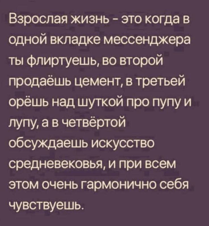 Взрослая жизнь - это когда в одной вкладке мессенджера ты флиртуешь, во второй продаёшь цемент, в третьей орёшь над шуткой про попу и лупу, а в четвёртой обсуждаешь искусство средневековья, и при всём этом очень гармонично себя чувствуешь.