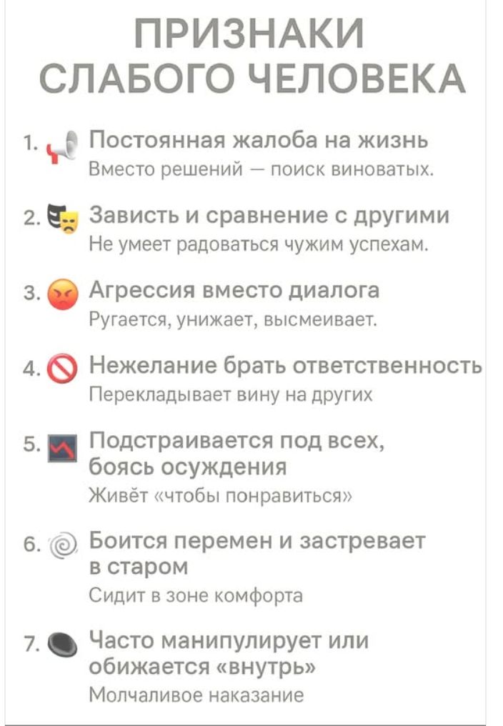 ПРИЗНАКИ СЛАБОГО ЧЕЛОВЕКА
1. Постоянная жалоба на жизнь
Вместо решений — поиск виноватых.

2. Зависть и сравнение с другими
Не умеет радоваться чужим успехам.

3. Агрессия вместо диалога
Ругается, унижает, высмеивает.

4. Нежелание брать ответственность
Перекладывает вину на других.

5. Подстраивается под всех, боясь осуждения
Живёт 