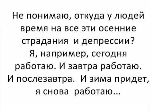 Не понимаю, откуда у людей время на все эти осенние страдания и депрессии? Я, например, сегодня работаю. И завтра работаю. И послезавтра. И зима придет, я снова работаю...