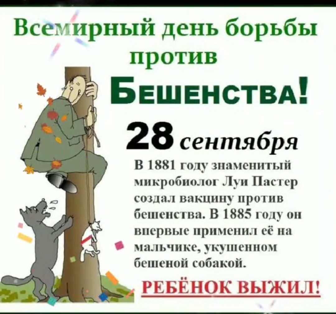Всемирный день борьбы против Бешенства!

28 сентября

В 1881 году знаменитый микробиолог Луи Пастер создал вакцину против бешенства. В 1885 году он впервые применил её на мальчике, укушенном бешеной собакой.

РЕБЁНОК ВЫЖИЛ!