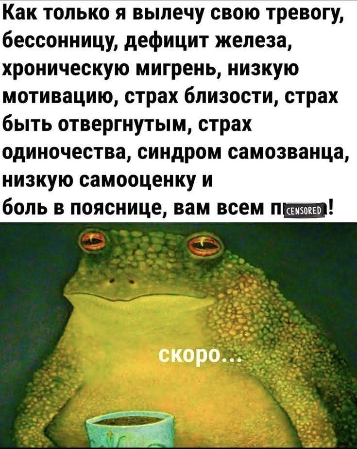 Как только я вылечу свою тревогу, бессонницу, дефицит железа, хроническую мигрень, низкую мотивацию, страх близости, страх быть отвергнутым, страх одиночества, синдром самозванца, низкую самооценку и боль в пояснице, вам всем П***!