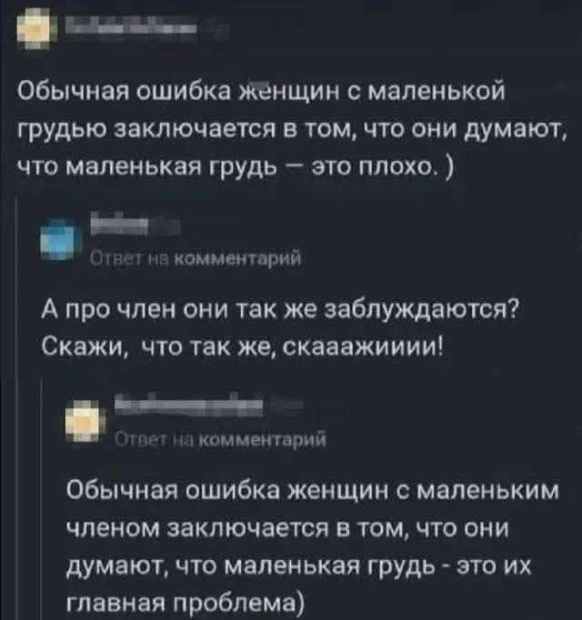 Обычная ошибка женщин с маленькой грудью заключается в том, что они думают, что маленькая грудь – это плохо. )

А про член они так же заблуждаются? Скажи, что так же, скажааажиный!

Обычная ошибка женщин с маленьким членом заключается в том, что они думают, что маленькая грудь - это их главная проблема.