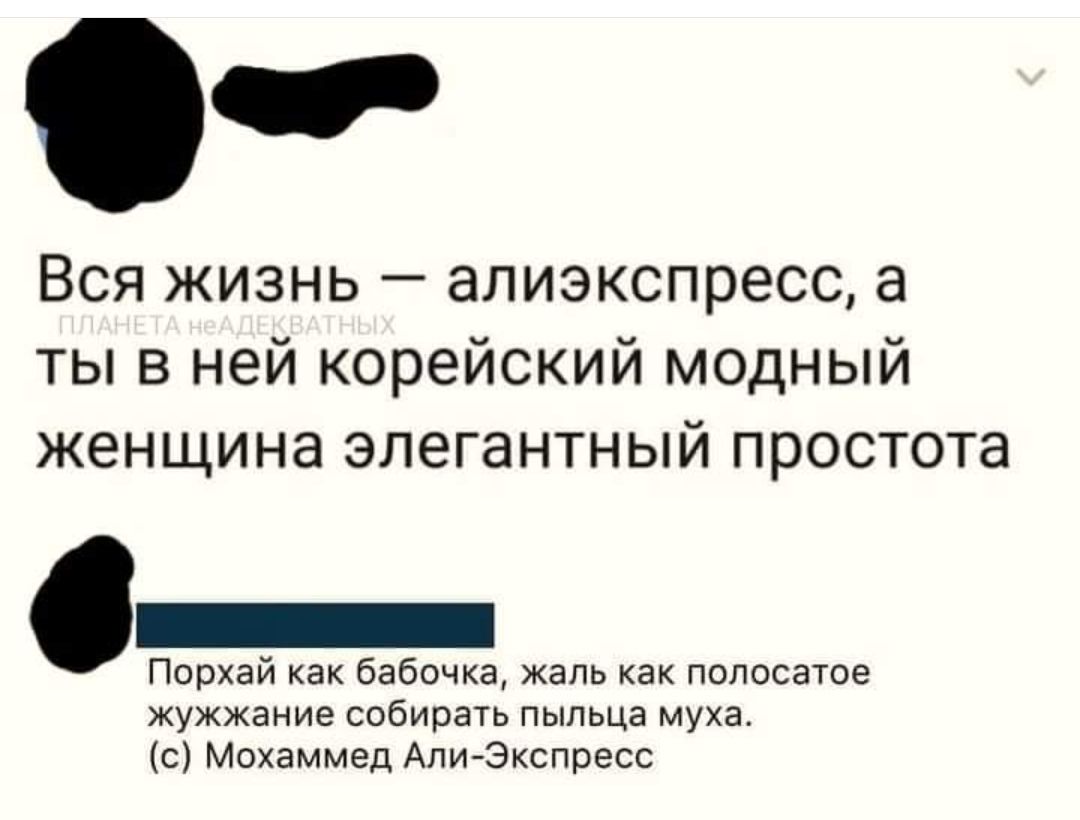 Вся жизнь — алиэкспресс, а ты в ней корейский модный женщина элегантный простота
Порчай как бабочка, жаль как полосатое жужжание собирать пыльца муха.
(с) Мохаммед Али-Экспресс