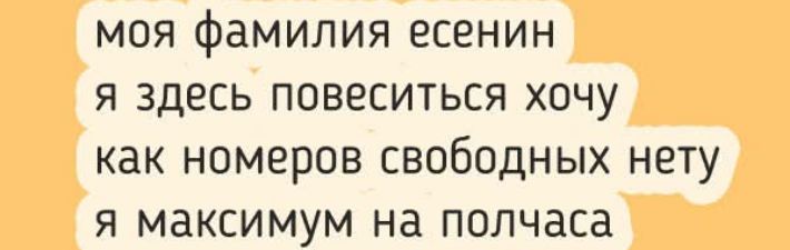 моя фамилия есенин
я здесь повеситься хочу
как номеров свободных нету
я максимум на полчаса