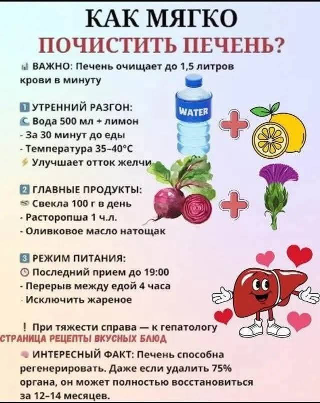КАК МЯГКО ПОЧИСТИТЬ ПЕЧЕНЬ?

ВАЖНО: Печень очищает до 1,5 литров крови в минуту

1) УТРО
- Вода 500 мл + лимон
- За 30 минут до еды
- Температура 35-40°C
- Улучшает отток желчи

2) ГЛАВНЫЕ ПРОДУКТЫ:
- Свекла 100 г в день
- Расторопша 1 ч.л.
- Оливковое масло натощак

3) РЕЖИМ ПИТАНИЯ:
- Последний прием до 19:00
- Перерывы между едой 4 часа
- Исключить жареное

При тяжести справа – к гепатологу

ИНТЕРЕСНЫЙ ФАКТ: Печень способна regenerировать. Даже если удалить 75% органа, он сможет восстановиться за 12-14 месяцев.