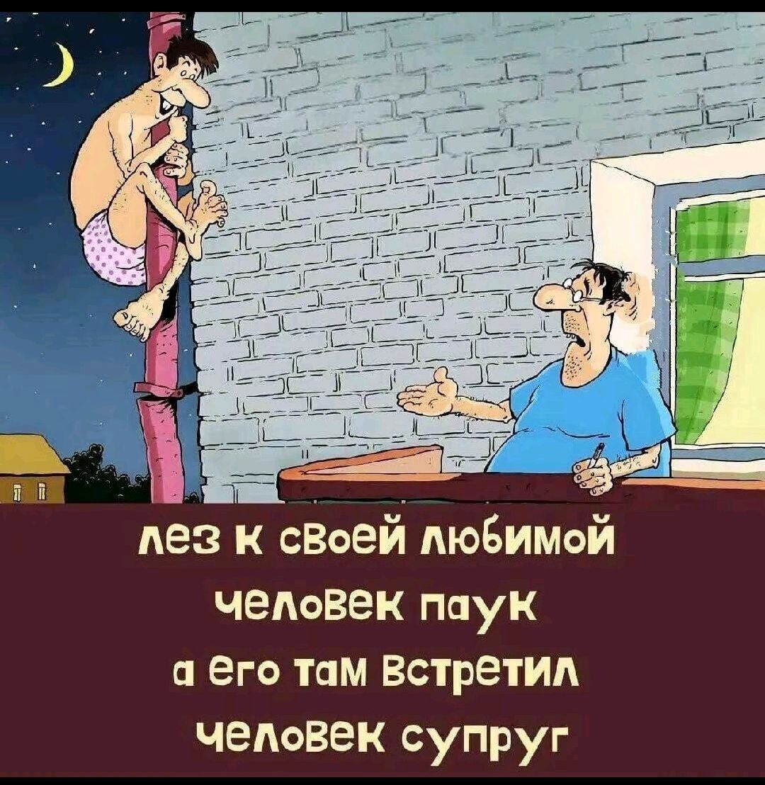 лез к своей любимой 
человек паук 
а его там встретил 
человек супруг