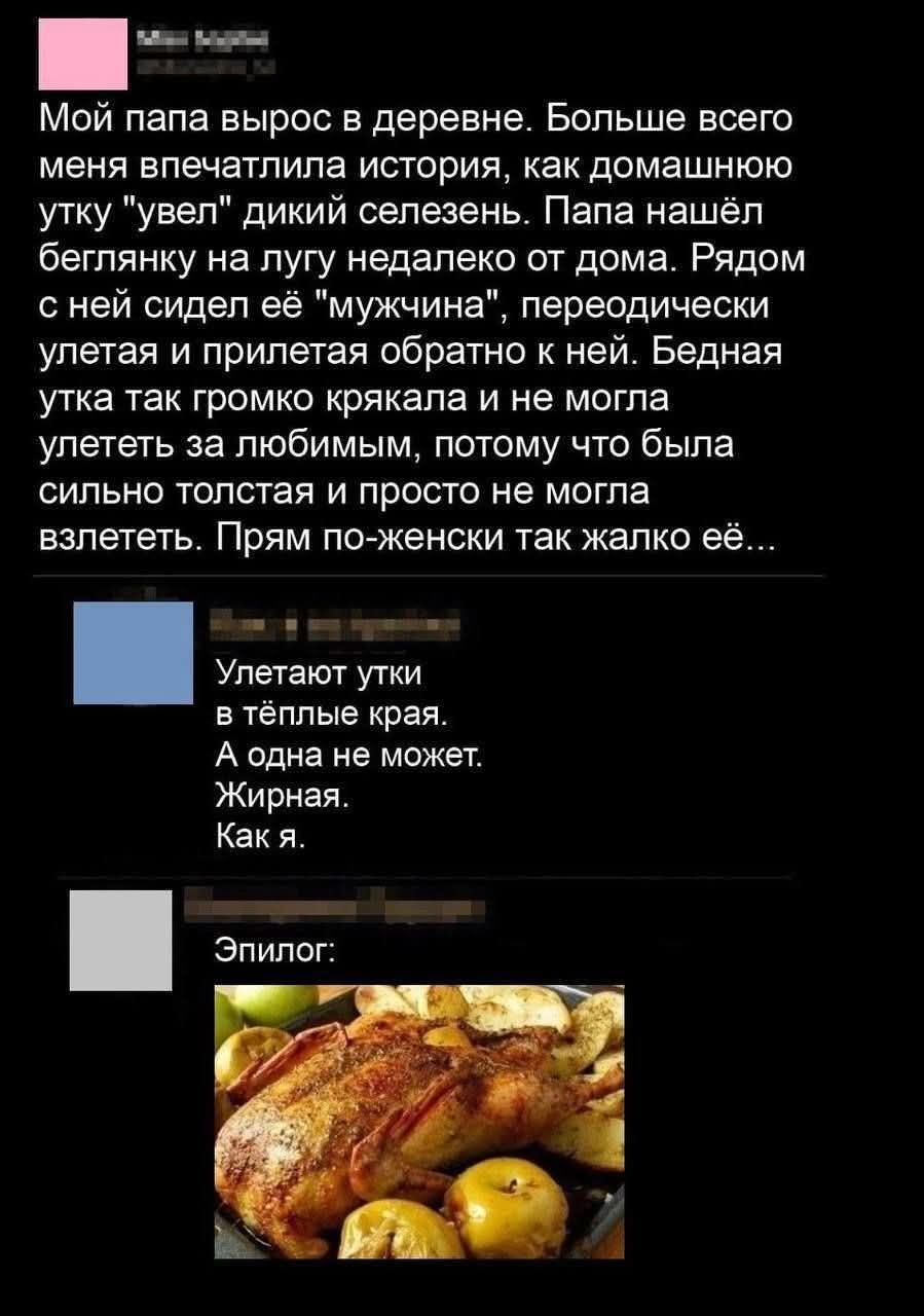 Мой папа вырос в деревне. Больше всего меня впечатлила история, как домашнюю утку 