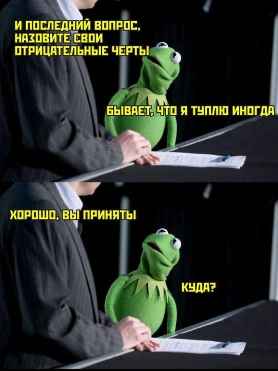 И последний вопрос, назовите свои отрицательные черты.
Бывает, что я туплю иногда.
Хорошо, вы приняты.
Куда?