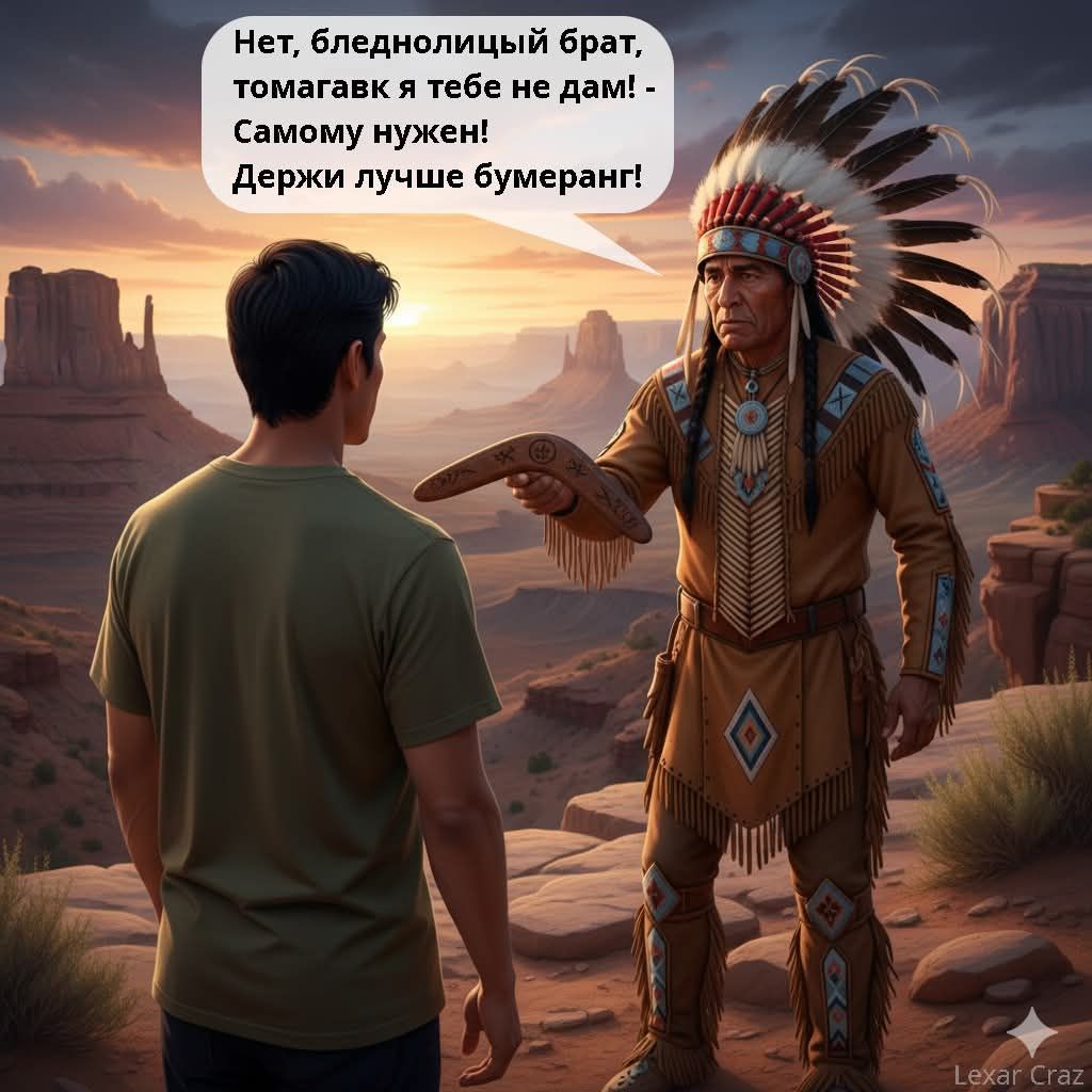 Нет, бледнолицый брат, томагавк я тебе не дам! - Самому нужен! Держи лучше бумеранг!