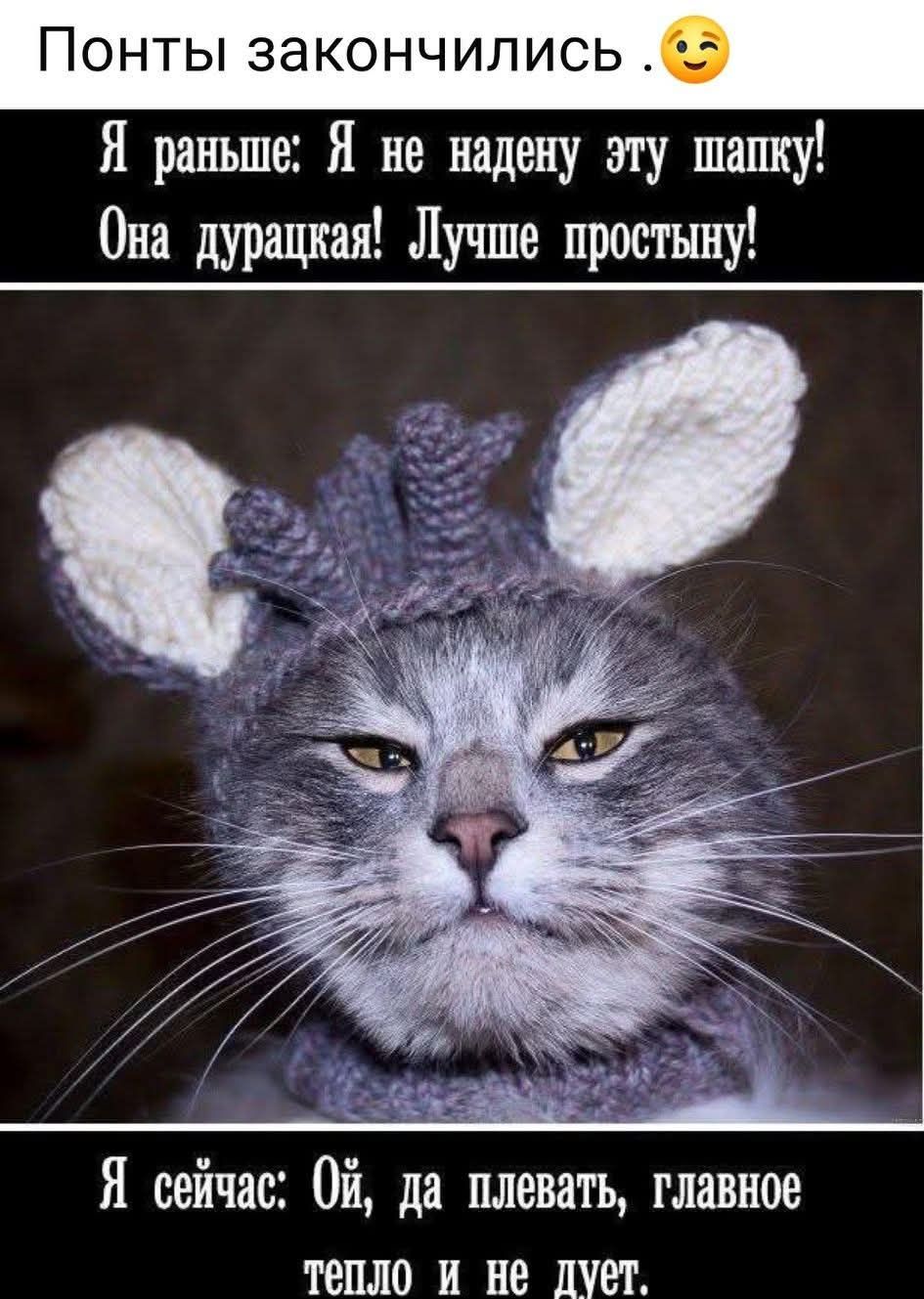 Понты закончились. 😉
Я раньше: Я не надену эту шапку!
Она дурацкая! Лучше простыну!
Я сейчас: Ой, да плевать, главное тепло и не дует.