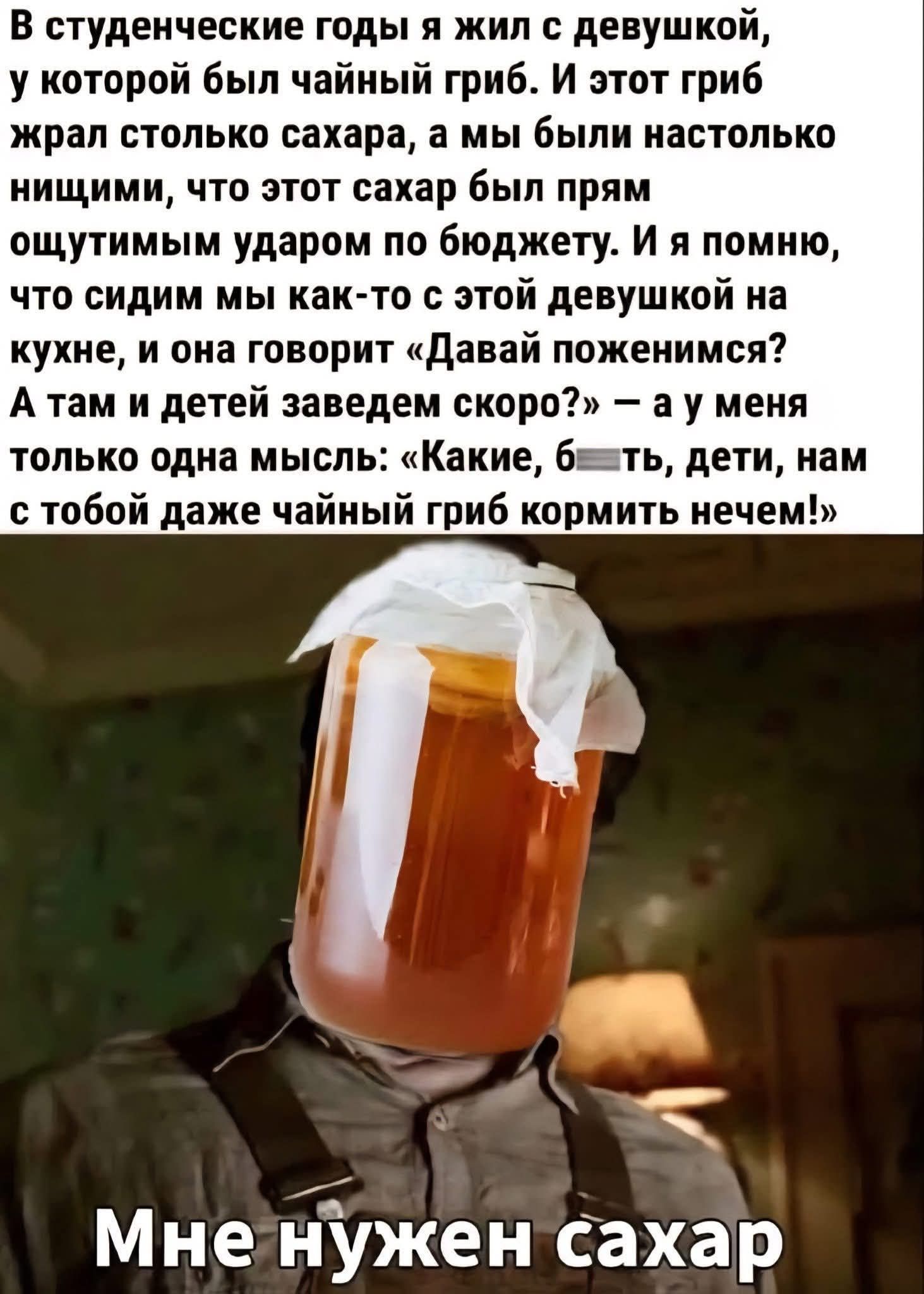 В студенческие годы я жил с девушкой, у которой был чайный гриб. И этот гриб жрал столько сахара, а мы были настолько нищими, что этот сахар был прям ощутимым ударом по бюджету. И я помню, что сидим мы как-то с этой девушкой на кухне, и она говорит «Давай поженимся? А там и детей заведем скоро?» — а у меня только одна мысль: «Какие, блять, дети, нам с тобой даже чайный гриб кормить нечем!»

Мне нужен сахар