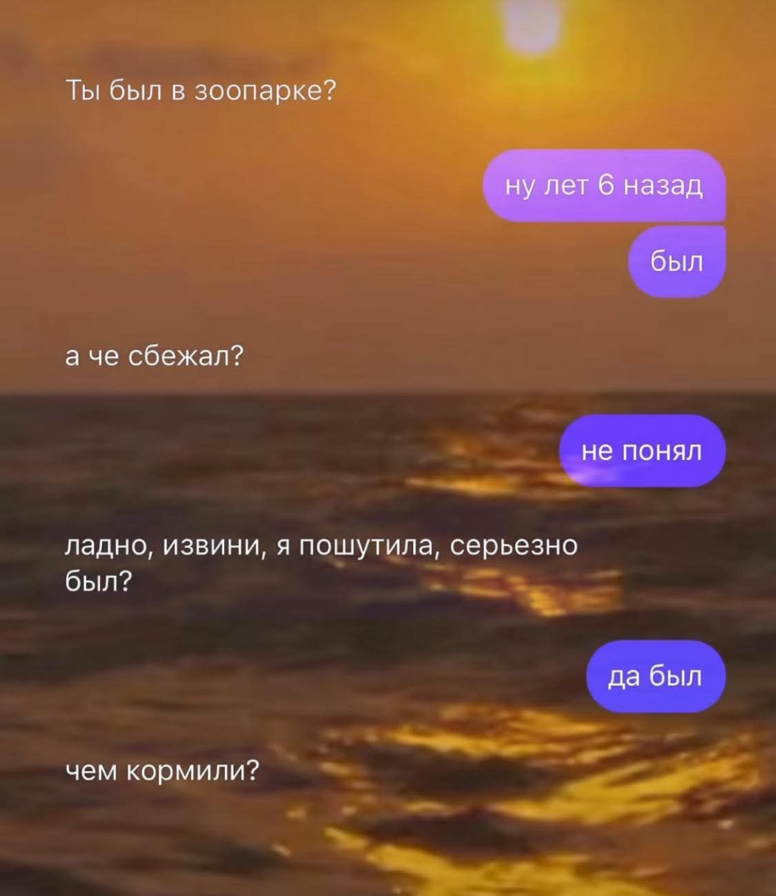 Ты был в зоопарке?
ну лет 6 назад
был
а че сбежал?
не понял
ладно, извини, я пошутила, серьезно был?
да был
чем кормили?