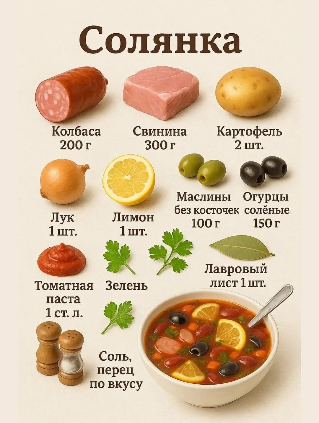 Солянка. Колбаса 200 г, Свинина 300 г, Картофель 2 шт., Лук 1 шт., Лимон 1 шт., Маслины без косточек 100 г, Огурцы солёные 150 г, Томатная паста 1 ст. л., Зелень, Лавровый лист, Соль, перец по вкусу.