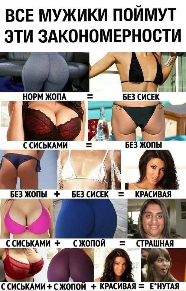 ВСЕ МУЖИКИ ПОЙМУТ ЭТИ ЗАКОНОМЕРНОСТИ НОРМ ЖОПА = БЕЗ СИСЕК; С СИСЬКАМИ = БЕЗ ЖОПЫ; БЕЗ ЖОПЫ + БЕЗ СИСЕК = КРАСИВАЯ; С СИСЬКАМИ + С ЖОПОЙ = СТРАШНАЯ; С СИСКАМИ + С ЖОПОЙ = КРАСИВАЯ