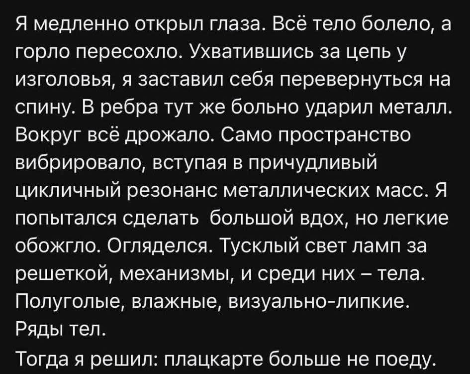 Я медленно открыл глаза. Всё тело болело, а горло пересохло. Ухватившись за цепь у изголовья, я заставил себя перевернуться на спину. В ребра тут же больно ударил металл. Вокруг всё дрожало. Само пространство вибрировало, сталкиваясь в причудливый цикличный резонанс металлических масс. Я попытался сделать вдох, но лёгкие обожгло. Огляделся. Тусклый свет ламп за решёткой, механизмы, и среди них тела. Полуголые, влажные, визуально-липкие. Ряды тел. Тогда я решил: плацкарт больше не поеду.