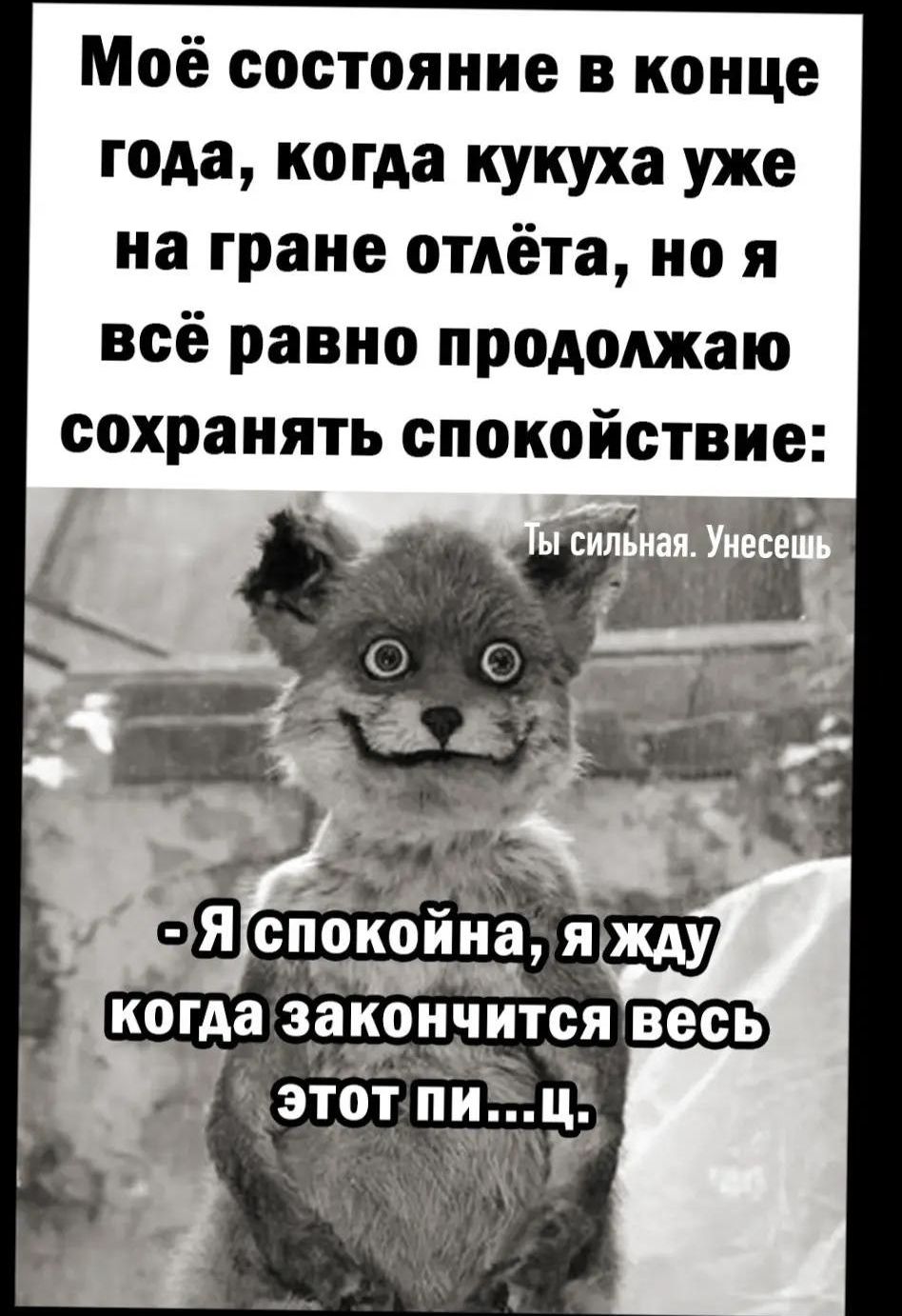 Моё состояние в конце года, когда кукуха уже на гране отлёта, но я всё равно продолжаю сохранять спокойствие:
- Я спокойна, я жду когда закончится весь этот пи...ц.