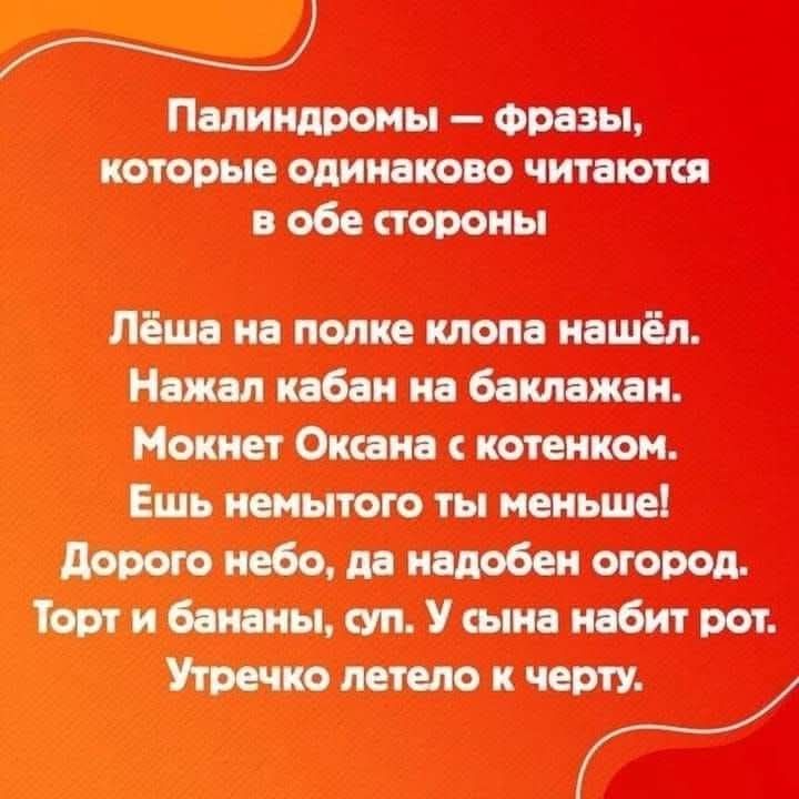 Палиндромы – фразы, которые одинаково читаются в обе стороны

Лёша на полке копа нашёл.
Нажал кабан на баклажан.
Мокнет Оксана с котёнком.
Ешь немытого ты меньше!
Дорого небо, да надобен огород.
Торт и бананы, суп. У сына набит рот.
Утроечко летело к черту.