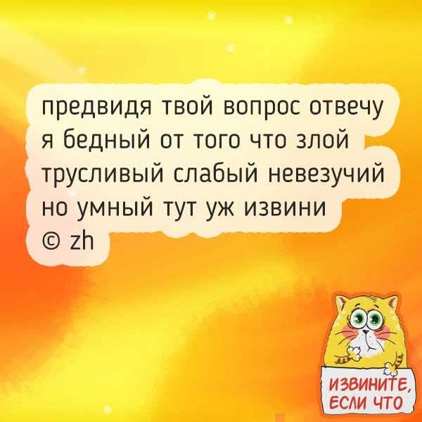 предвидя твой вопрос отвечу я бедный от того что злой трусливый слабый невезучий но умный тут уж извини © zh