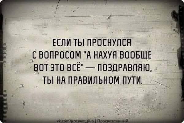 ЕСЛИ ТЫ ПРОСНУЛСЯ С ВОПРОСОМ 'А НАХУЯ ВООБЩЕ ВОТ ЭТО ВСЁ' — ПОЗДРАВЛЯЮ, ТЫ НА ПРАВИЛЬНОМ ПУТИ.
