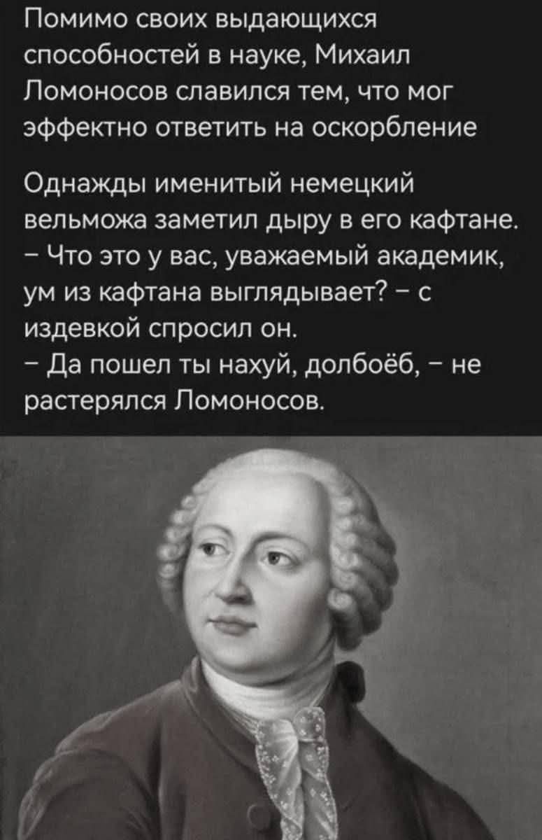 Помимо своих выдающихся способностей в науке, Михаил Ломоносов славился тем, что мог эффективно ответить на оскорбление. Однажды именитый немецкий вельможа заметил дыру в его кафтане. – Что это у вас, уважаемый академик, ум из кафтана выглядывает? – с издевкой спросил он. – Да пошел ты нахуй, долбоёб, – не растерялся Ломоносов.