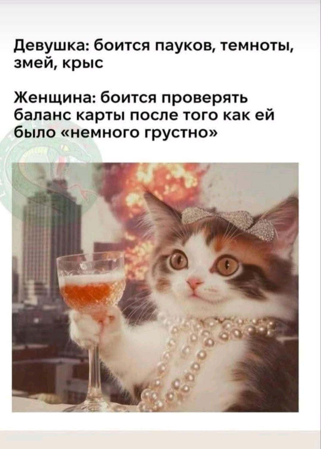 Девушка: боится пауков, темноты, змей, крыс\nЖенщина: боится проверять баланс карты после того как ей было «немного грустно»