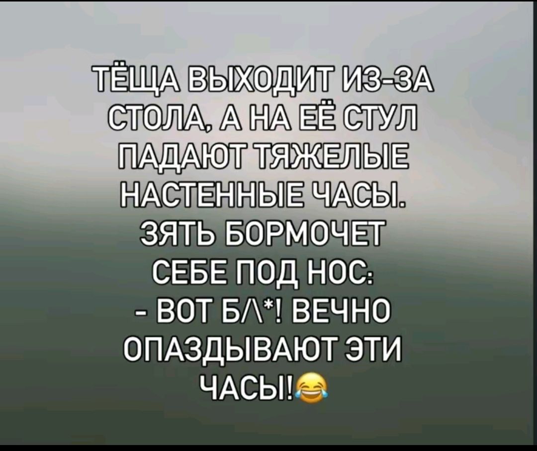 ТЁЩА ВЫХОДИТ ИЗ-ЗА СТОЛА, А НА ЕЁ СТУЛ ПАДАЮТ ТЯЖЁЛЫЕ НАСТЕННЫЕ ЧАСЫ. ЗЯТЬ БОРМОЧЕТ СЕБЕ ПОД НОС: - ВОТ Б*/! ВЕЧНО ОПАЗДЫВАЮТ ЭТИ ЧАСЫ!