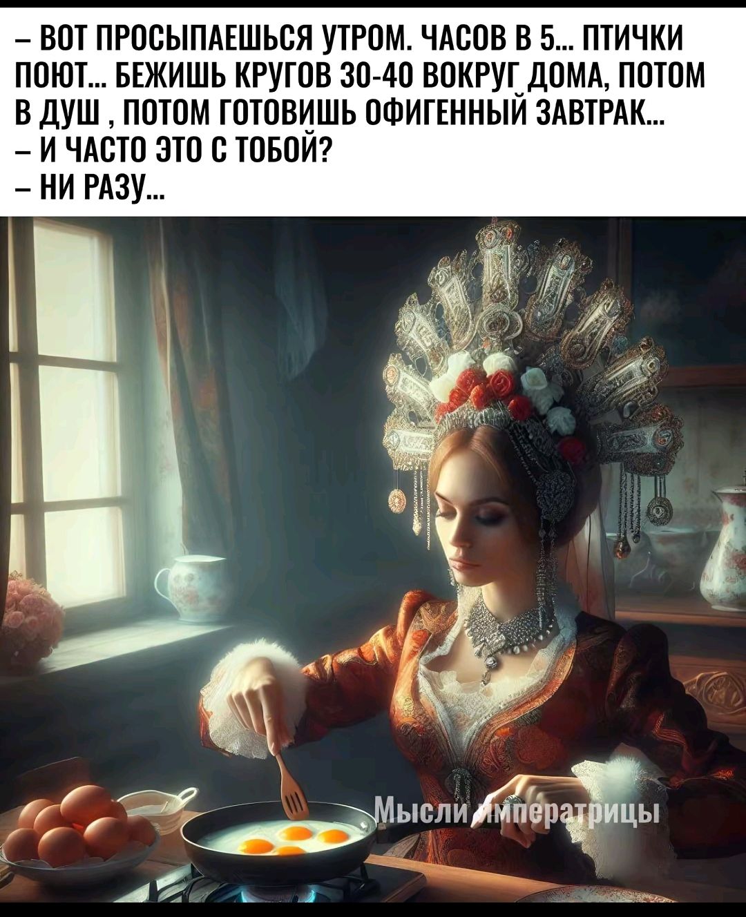 Вот просыпаешься утром. часов в 5... птички поют... бежишь кружков 30-40 вокруг дома, потом в душ, потом готовишь офигенный завтрак... — и часто это с тобой? — Ни разу...