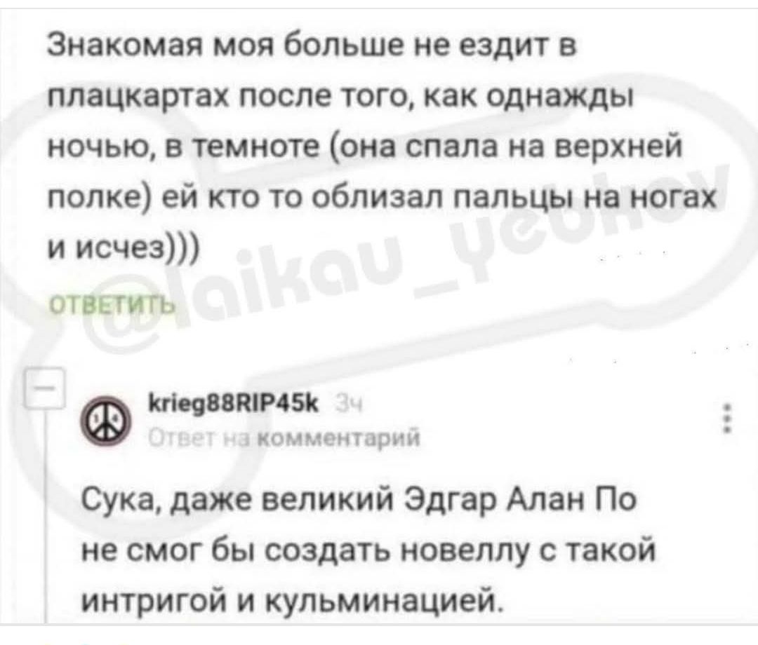 Знакомая моя больше не ездит в плащкарт после того, как однажды ночью, в темноте (она спала на верхней полке) ей кто-то облизал пальцы на ногах и исчез))) krieg88RIP45k: Сука, даже великий Эдгар Алан По не смог бы создать новеллу с такой интригой и кульминацией.