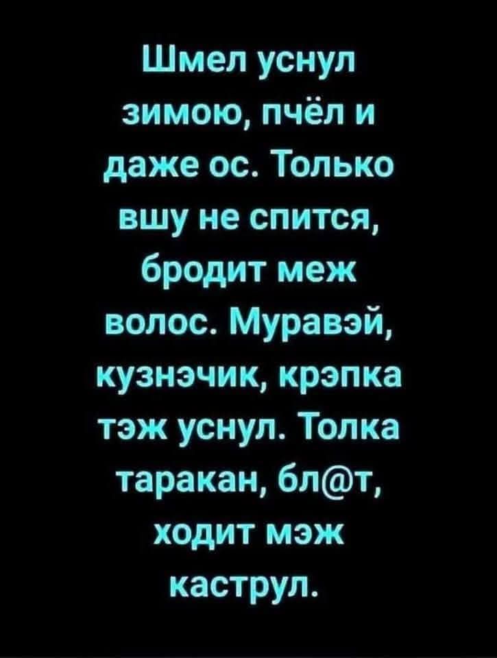 Шмель уснул зимой, пчёл и даже ос. Только вшу не спится, бродит меж волос. Муравэй, кузнчник, крэпка тэж уснул. Толка таракан, бл@т, ходит меж каструл.