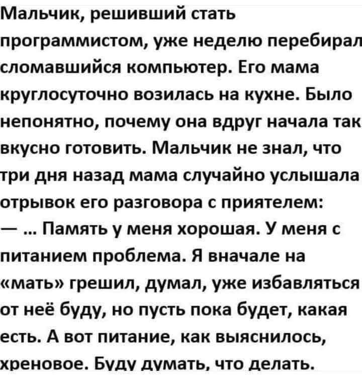 Мальчик, решивший стать программистом, уже неделю перебирал сломавшийся компьютер. Его мама круглосуточно возилась на кухне. Было непонятно, почему она вдруг начала так вкусно готовить. Мальчик не знал, что три дня назад мама случайно услышала отрывок его разговора с приятелем: — ... Память у меня хорошая. У меня с питанием проблема. Я вначале на «мать» грешил, думал, уже избавляться от неё буду, но пусть пока будет, какая есть. А вот питание, как выяснилось, хреновое. Буду думать, что делать.