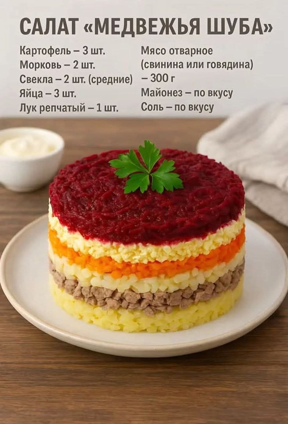 Салат «Медвежья шуба». Картофель – 3 шт. Морковь – 2 шт. Свекла – 2 шт. (средние). Яйца – 3 шт. Лук репчатый – 1 шт. Мясо отварное (свинина или говядина) – 300 г. Майонез – по вкусу. Соль – по вкусу.