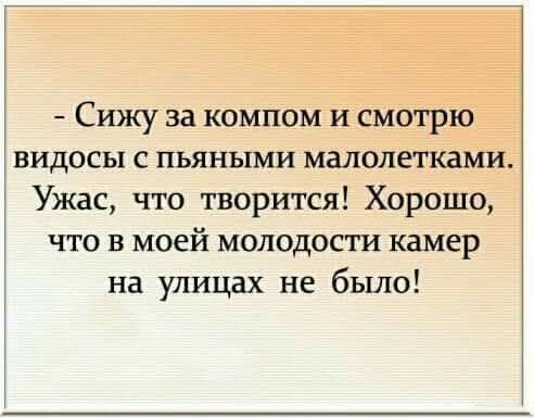 - Сижу за компом и смотрю видосы с пьяными малолетками. Ужас, что творится! Хорошо, что в моей молодости камер на улицах не было!