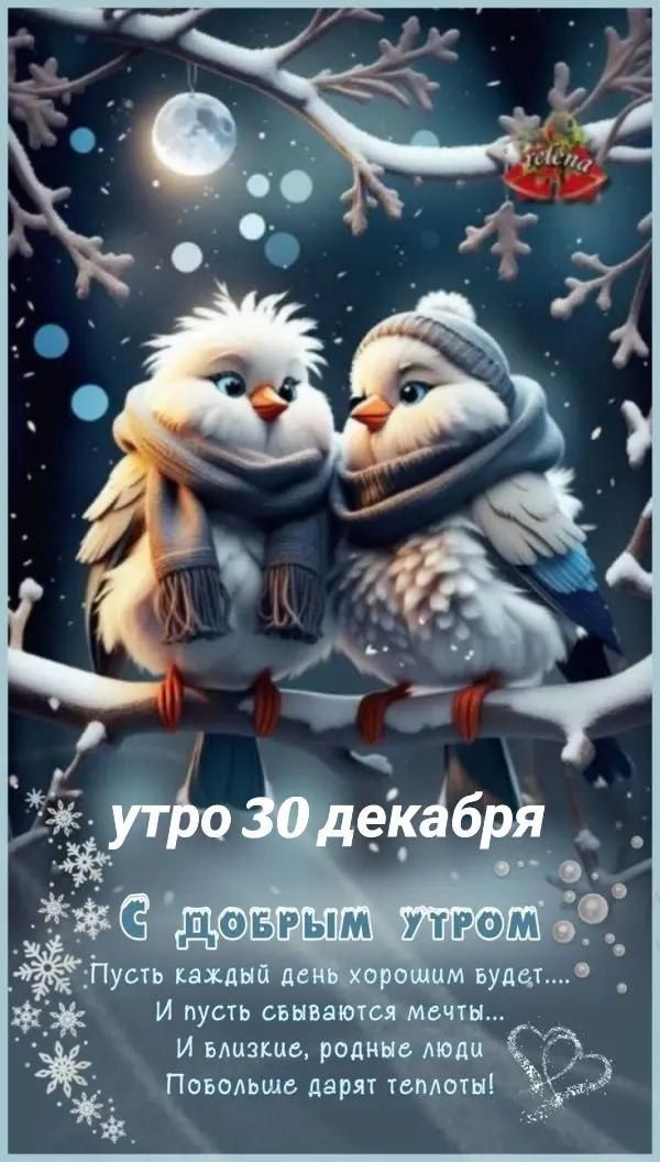 утро 30 декабря
С добрым утром
Пусть каждый день хорошим будет...И пусть сбываются мечты...И близкие, родные люди
Повольше дарят теплоть!