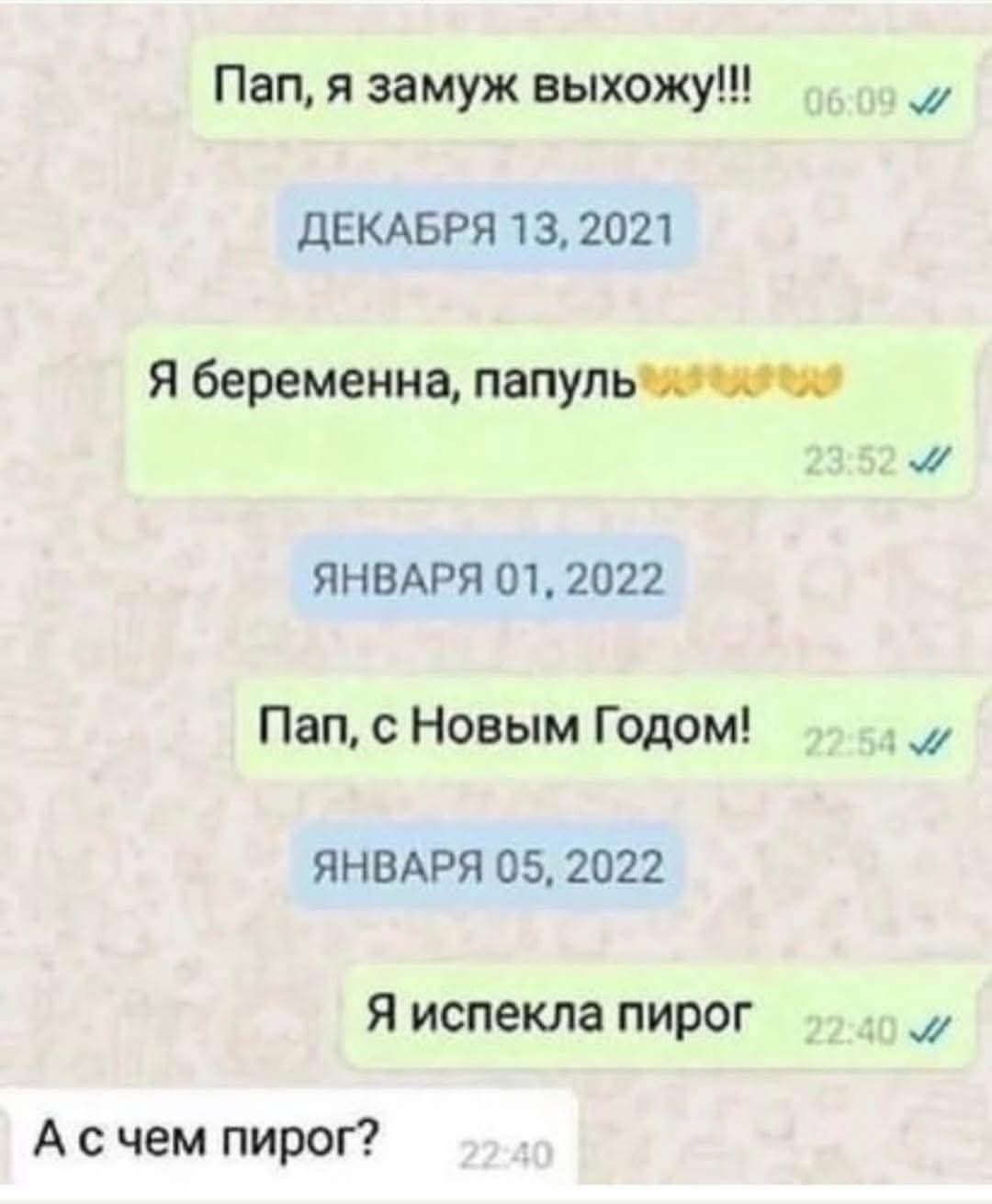 Пап, я замуж выйожу!!!
ДЕКАБРЯ 13, 2021
Я беременна, папуль 👋👋👋
ЯНВАРЯ 01, 2022
Пап, с Новым Годом!
ЯНВАРЯ 05, 2022
Я испекла пирог
А с чем пирог?