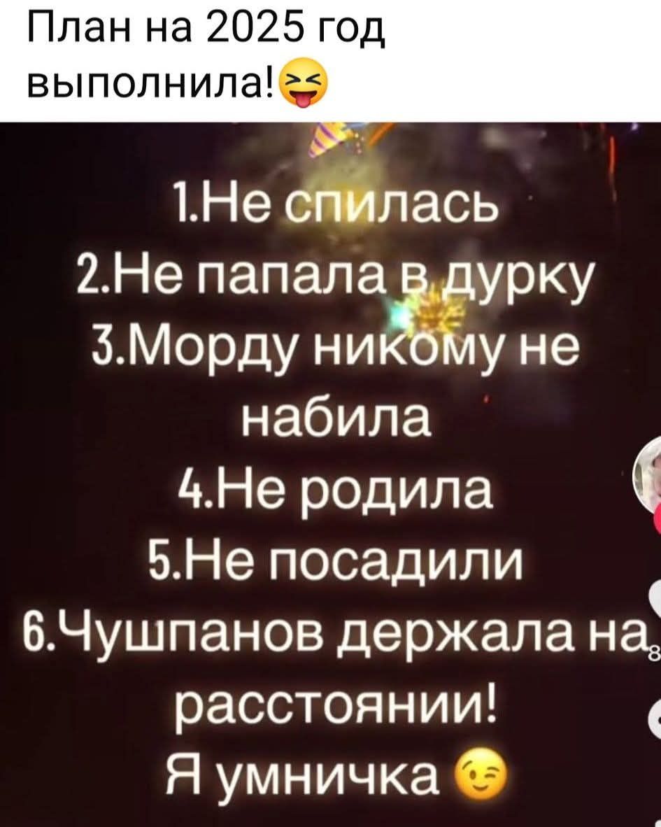 План на 2025 год выполнила! 😝 1. Не спилась 2. Не попала в дурку 3. Морду никому не набила 4. Не родила 5. Не посадили 6. Чушпанов держала на расстоянии! Я умничка