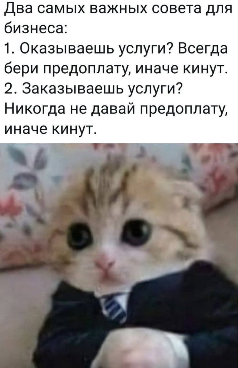 Два самых важных совета для бизнеса:
1. Оказываешь услуги? Всегда бери предоплату, иначе кинут.
2. Заказываешь услуги? Никогда не давай предоплату, иначе кинут.