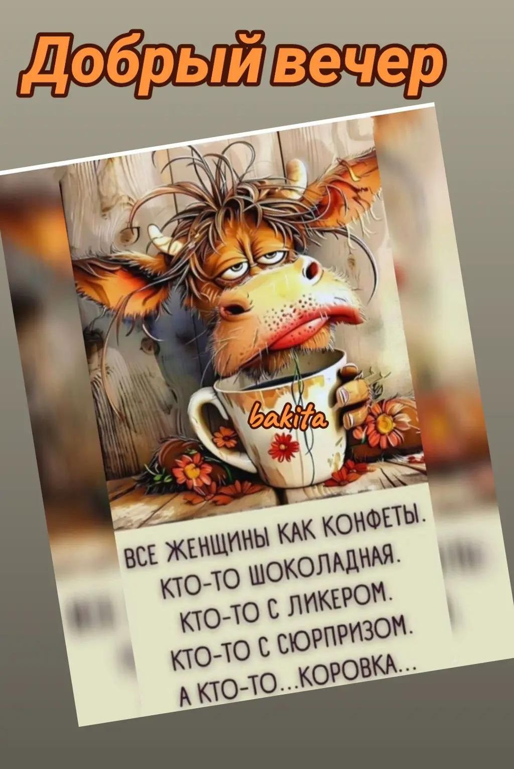 Добрый вечер
ВСЕ ЖЕНЩИНЫ КАК КОНФЕТЫ. КТО-ТО ШОКОЛАДНАЯ. КТО-ТО С ЛИКЕРОМ. КТО-ТО С СЮРПРИЗОМ. А КТО-ТО... КОРОВКА...